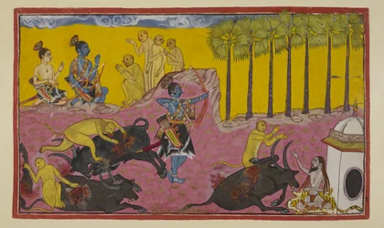 Add 15296 (2) f.12r, Sugriva y sus monos, vistos arriba a la izquierda, continúan contándoles a Rama y Laksmana la historia de Bali y Dundubhi. Bali era tan poderoso que fue capaz de desgarrar al demonio miembro por miembro y luego lanzar el cadáver al air