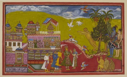 Añadir 15296 (2) f.14r, Sugriva y sus aliados han llegado al palacio de Bali en Kiskindha. Sugriva ruge su desafío con tal efecto que los pájaros caen del cielo asustados. Bali, su reina Tara y sus ministros han emergido al escuchar el alboroto. el