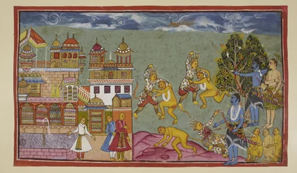 Añade 15296 (2) f.18r, Fuera del palacio, Sugriva y Bali se golpean furiosamente con los puños y las uñas y luego arrancan árboles y rocas, pero Bali es el más fuerte y poco a poco Sugriva se ve obligado a ceder terreno. Cuando Rama ve que Sugriva está per