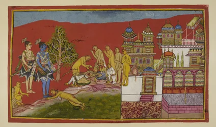 Añadir 15296 (2) f.24r, Fuera del palacio, Bali yace moribundo. Tara y su hijo Angada han salido del palacio para llorarle, mientras Hanuman y los demás monos les consuelan. Bali revive de su desmayo para decirle a Sugriva que deja su reino para