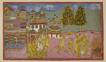 Add 15296 (2) f.25r, El cuerpo de Bali, cubierto de blanco, es transportado en un palanquín abovedado y con banderas desde el palacio y consumido en una pira funeraria, con Sugriva y Angada dirigiendo los ritos funerarios.