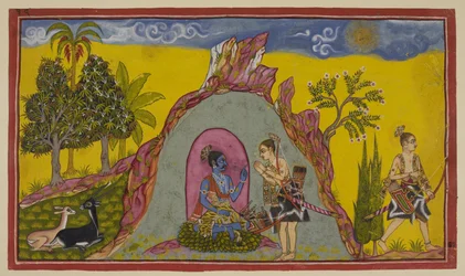 Add 15296 (2) f.30r, En el monte Prasravana, los dos príncipes esperan hasta la llegada del otoño y de la estación para ir a la guerra, mientras tanto se deleitan con la belleza de la flora y la fauna de la montaña y las maravillas de la temporada lluviosa