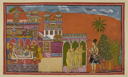 Add 15296 (2) f.33r, El enojado Laksmana ha llegado a la puerta de Kiskindha, donde es recibido por Angada, el hijo de Bali, y otros monos. Dentro del palacio, el coronado Sugriva, sentado con la sabia Tara en un diván, es sacado lentamente de su asiento.