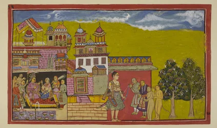 Add 15296 (2) f.34r, Laksmana, todavía a las puertas de Kiskindha, es recibido por los ministros de Sugriva, mientras que dentro del palacio, Sugriva es aconsejado por sus ministros y Tara.