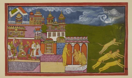 Add 15296 (2) f.36r, En esta ilustración ligeramente fuera de lugar, Hanuman le ha aconsejado a Sugriva sentado en su trono, aceptando un trago de un asistente, para apaciguar la ira de Laksmana. Sugriva, a instancias de Hanuman, ha enviado mensajeros para