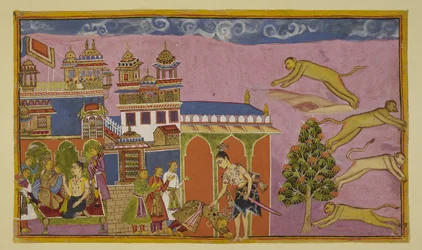 Add 15296 (2) f.38r, Laksmana entra en el palacio de Sugriva y es recibido por este último inclinándose hasta el suelo, con sus ministros detrás de él. Los dos se reconcilian. A la izquierda, Sugriva y Laksmana conversan en un sofá. Sugriva le dice a Hanum