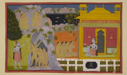 Add 15296 (2) f.64r, Los monos le han contado a Svayamprabha sobre su búsqueda de la desaparecida Sita, y ella les ha contado el misterio de la cueva y cómo llegó a vivir en ese maravilloso lugar. Los monos temen la ira de Sugriva si retrasan su