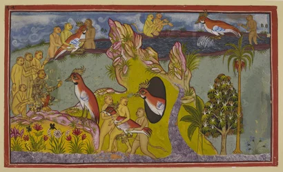 Add 15296 (2) f.68r, Los monos han resuelto morir de hambre en las costas del océano del sur en lugar de regresar para enfrentar la ira de su rey. Son vistos por el buitre sin alas Sampati, hermano del rey buitre Jatayu, quien