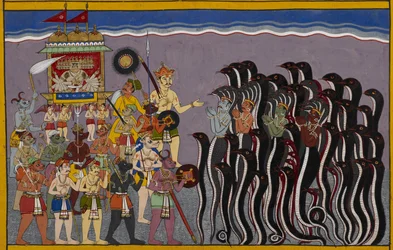 Add 15297(2) f.43r Ravana desciende a las regiones acuosas o rasatala, el infierno situado en el fondo del océano. Vasuki, el dios del agua y los nagas están representados con las manos unidas siendo subyugado por Ravana en su carro que está rodeado de dem