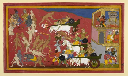 Akampana es asesinado por Hanumān; el consejo de Rāma planea como los demonios se retiran.