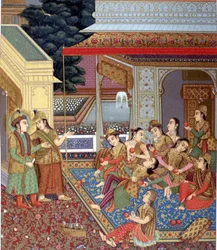 Un harén indio. Ilustración de una miniatura mogol (escuela de miniaturistas indios de los siglos XVI y XVII)