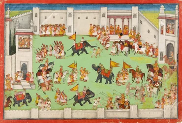 Llegada del novio al palacio, folio de un Ramayana, c.1640-1650