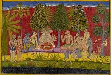 Asombrado por la fuerza de Bali, Rāvaṇa le ofrece amistad; se sientan juntos a masticar paan.