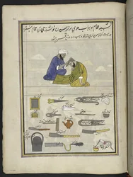 Barbero,  86 dibujos encuadernados en un volumen que representa oficios y ocupaciones en Cachemira, se muestra a los artesanos trabajando con sus implementos y equipos,  Por un artista de Cachemira, probablemente en Srinagar, c.1850-60 (gouache sobre papel