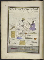 Cestero y su esposa,  86 dibujos encuadernados en un volumen que representa oficios y ocupaciones en Cachemira, se muestra a los artesanos trabajando con sus implementos y equipos,  Por un artista de Cachemira, probablemente en Srinagar, c.1850-60 (gouache