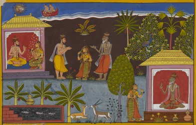 Bharadvāja entrega su hija a Viśravas, que engendra a Vaiśravaṇa.