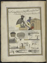 Herrería,  86 dibujos encuadernados en un volumen que representa oficios y ocupaciones en Cachemira, se muestra a los artesanos trabajando con sus implementos y equipos,  Por un artista de Cachemira, probablemente en Srinagar, c.1850-60 (gouache sobre pape