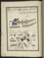 constructores de barcos,  86 dibujos encuadernados en un volumen que representa oficios y ocupaciones en Cachemira, se muestra a los artesanos trabajando con sus implementos y equipos,  Por un artista de Cachemira, probablemente en Srinagar, c.1850-60 (gou
