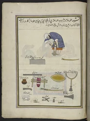 Encuadernador,  86 dibujos encuadernados en un volumen que representa oficios y ocupaciones en Cachemira, se muestra a los artesanos trabajando con sus implementos y equipos,  Por un artista de Cachemira, probablemente en Srinagar, c.1850-60 (gouache sobre