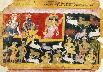 Brahma rinde homenaje a Krishna como encarnación de Visnú, hacia 1540-1575