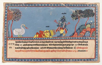 Brahma Adora a Krishna, Página de una Serie Dispersa del Bhagavata Purana, c.1800
