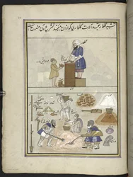 Albañiles, 86 dibujos encuadernados en un volumen que representan oficios y ocupaciones en Cachemira, artesanos trabajando con sus herramientas y equipos, por un artista cachemir, probablemente en Srinagar, c. 1850-60