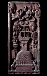 Budismo: Mahaparinirvana o Parinirvana, fin de la existencia terrenal de Buda, acceso al nirvana (Parinirvana, nirvana final, que ocurre con la muerte del cuerpo de Buda), detalle de la estupa de Bharhut (Barhut, Barouth), bajorrelieve negro