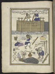 constructor de paredes de barro,  86 dibujos encuadernados en un volumen que representa oficios y ocupaciones en Cachemira, se muestra a los artesanos trabajando con sus implementos y equipos,  Por un artista de Cachemira, probablemente en Srinagar, c.1850