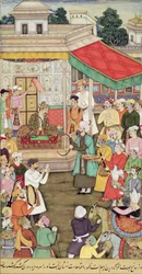 Akbar recibe regalos de los embajadores de Badakhshan, del Akbarnama, c.1605
