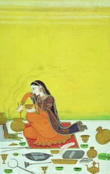 Una dama prepara una comida, miniatura de una serie Bhagavata Purana, Kangra, c.1810