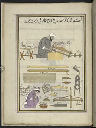 Carpintero y esposa haciendo un telar chal,  86 dibujos encuadernados en un volumen que representa oficios y ocupaciones en Cachemira, se muestra a los artesanos trabajando con sus implementos y equipos,  Por un artista de Cachemira, probablemente en Srina