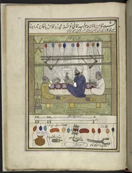 fabricantes de alfombras,  86 dibujos encuadernados en un volumen que representa oficios y ocupaciones en Cachemira, se muestra a los artesanos trabajando con sus implementos y equipos,  Por un artista de Cachemira, probablemente en Srinagar, c.1850-60 (go
