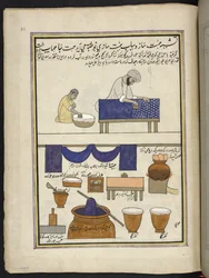 Estampador de telas con bloque manual y tintorero,  86 dibujos encuadernados en un volumen que representa oficios y ocupaciones en Cachemira, se muestra a los artesanos trabajando con sus implementos y equipos,  Por un artista de Cachemira, probablemente e