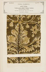 Muestra de algodón con estampado chetee (chintz) de Arcot en Madrás, de La Colección de los Fabricantes de Textiles de la India, por John Forbes Watson, publicada en 1866