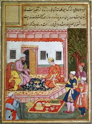 Cortesanos trayendo ofrendas de frutas a un príncipe, 1570-1600