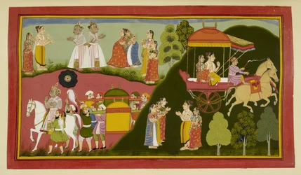 Dasaratha y sus reinas regresan a Ayodhya, dejando atrás a Rishyasringa y Shanta.