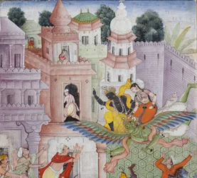 (detalle) Krishna parte al demonio Narakasura con su disco