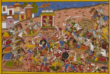 Dhanada se enfrenta a Rāvaṇa en un encarnizado combate entre sus ejércitos