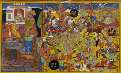 Dhanada envía a Manibhadra a combatir a Rāvaṇa, al que muestra luchando ferozmente