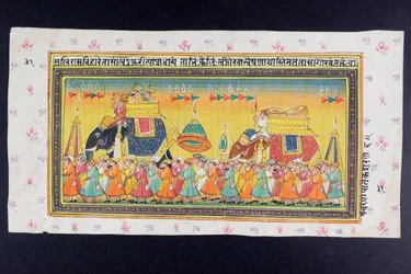 Dignatarios montan en la espalda de un elefante en un howdah atendido por un mahout o conductor de elefantes, pintura en miniatura de Rajastán