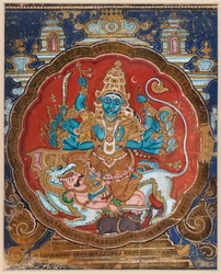 Durga matando al demonio búfalo (acuarela opaca adornada con tiras de oro y laca aplicadas)