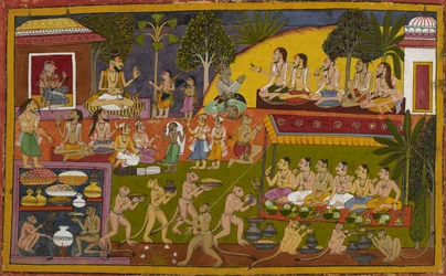 Durante el sacrificio de Aśvamedha, Vibhīṣaṇa honra a los ascetas. Bharata y Śatrughna ayudan con los rituales.