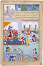 El emperador Babur en la corte, periodo mogol, reinado de Akbar