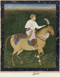Retrato ecuestre de Jahangir, folio de álbum separado con pintura, c.1900
