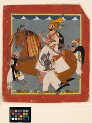 Raja Bhim Singh ecuestre con narguile y sirvientes, c.1820