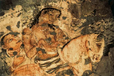 Figura de una mujer en el lomo de un caballo, pintura mural en las cuevas de Ajanta (número 1), período Gupta, siglo V-VI