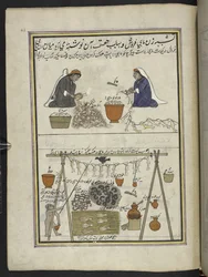Pescaderos, Mujeres destripando pescado; hombre secando pescado,  86 dibujos encuadernados en un volumen que representa oficios y ocupaciones en Cachemira, se muestra a los artesanos trabajando con sus implementos y equipos,  Por un artista de Cachemira, p