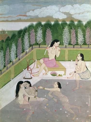 Niñas bañándose, estilo Pahari, Escuela Kangra, Himachal Pradesh, siglo XVIII