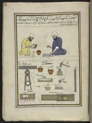 Batidores de oro haciendo pan de oro,  86 dibujos encuadernados en un volumen que representa oficios y ocupaciones en Cachemira, se muestra a los artesanos trabajando con sus implementos y equipos,  Por un artista de Cachemira, probablemente en Srinagar, c