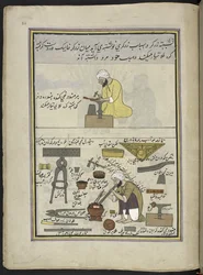 Orfebres haciendo joyas,  86 dibujos encuadernados en un volumen que representa oficios y ocupaciones en Cachemira, se muestra a los artesanos trabajando con sus implementos y equipos,  Por un artista de Cachemira, probablemente en Srinagar, c.1850-60 (gou